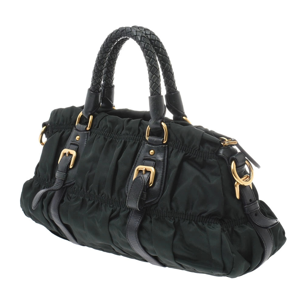 Prada Gaufre leather woven pleated Tessuto features black satchel Black